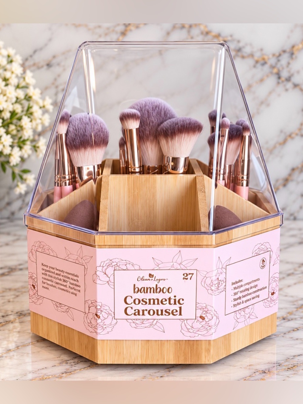 Bamboo Cosmetic Brush Carousel - Pink & Natural Wood